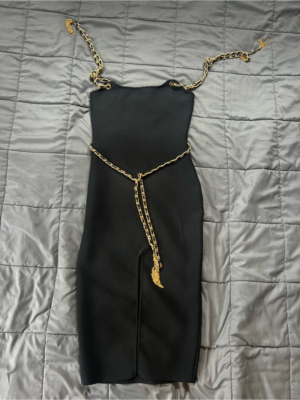 Self-tie Straps Black Midi Dress with Gold Chain Detail